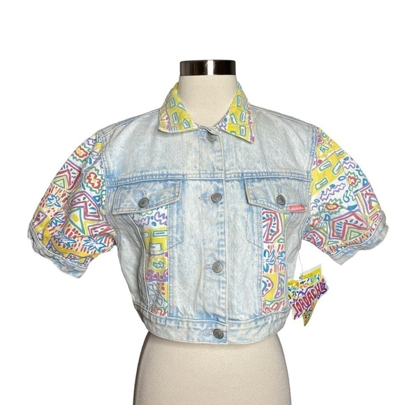 Jordache Denim Funky Print Button Front Short Sleeve Cropped Jacket - Picture 1 of 4